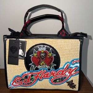 Ed Hardy Black and Tan Tote with Vibrant Design